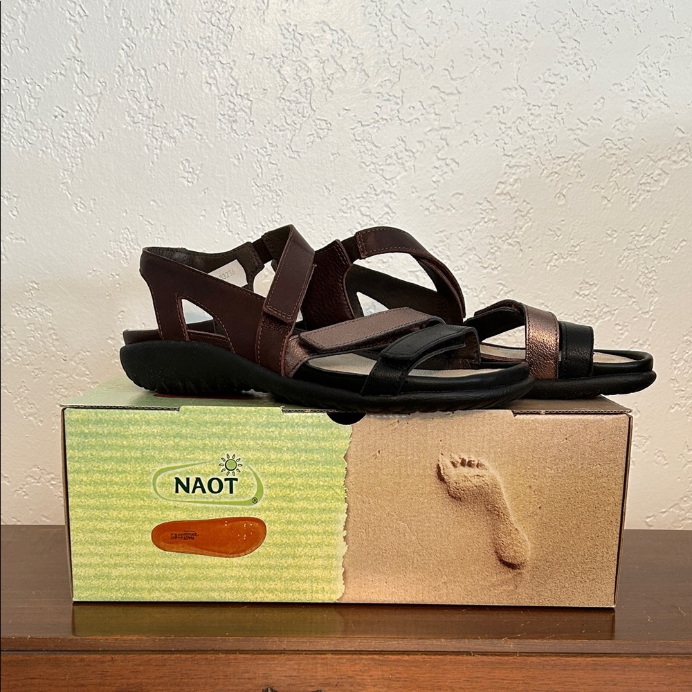 Naot Whetu Leather Sandals Dark Brown Black and Gold